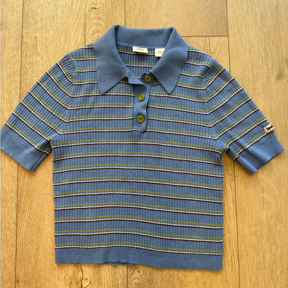 Levi's Blue Striped Short-Sleeve Polo with Green Accents